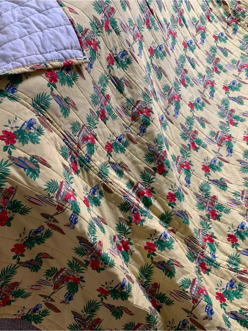 Rare Vintage 80s Contessa Hawaii Woody Surfboard Palm Trees Yellow Bedspread